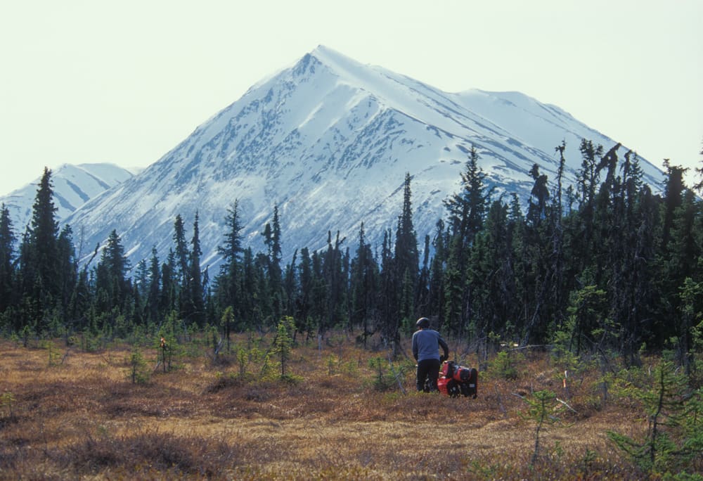 In search of the right trail, we push our bikes through bogs.