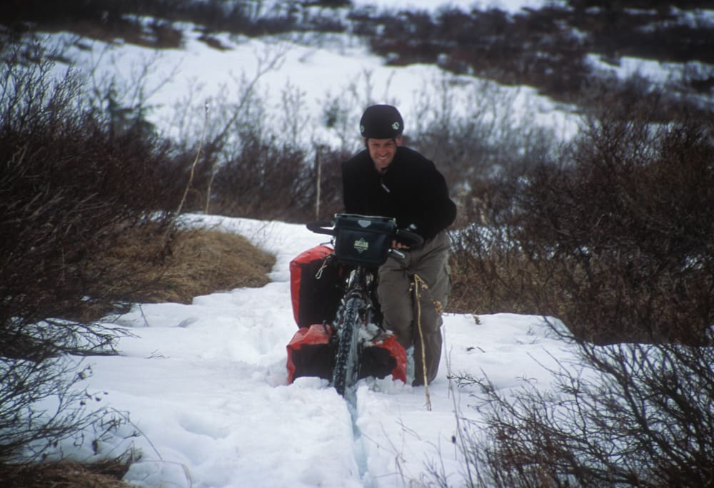 John, plowing the snow with the panniers.