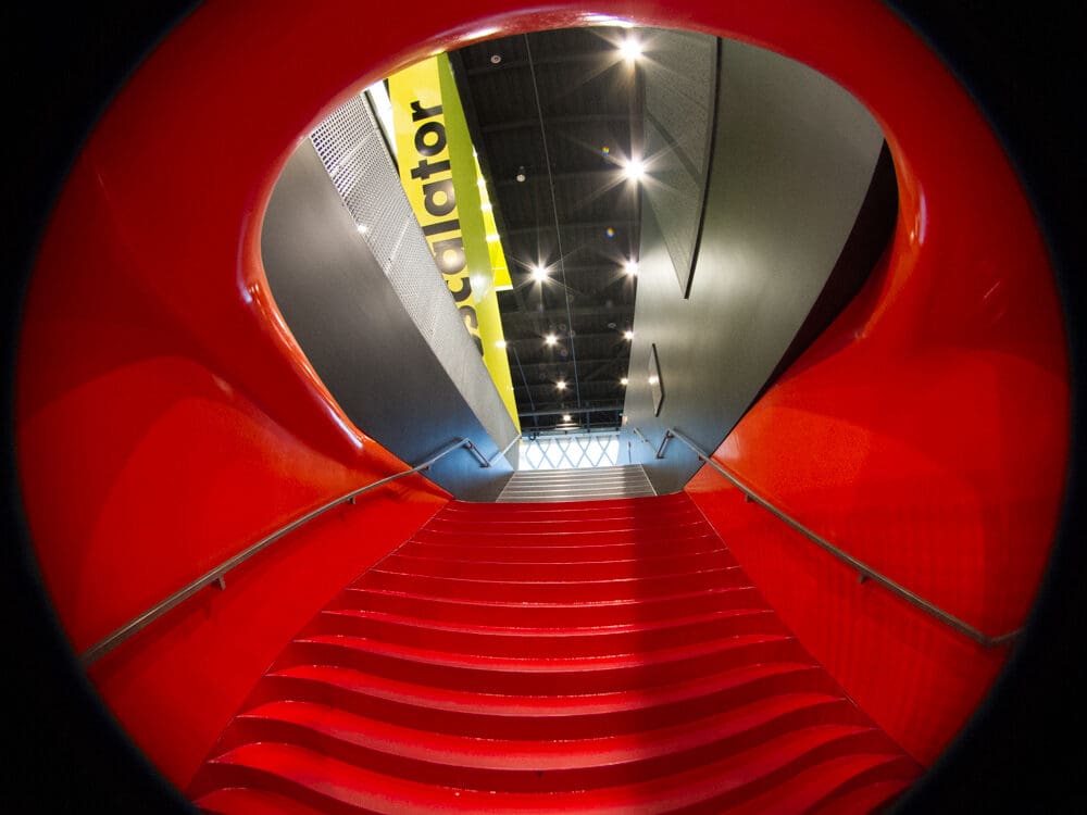 Fish-eye image a red staircase