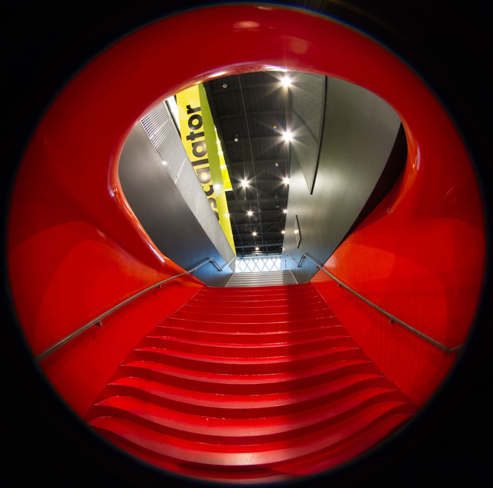 Fish-eye image a red staircase