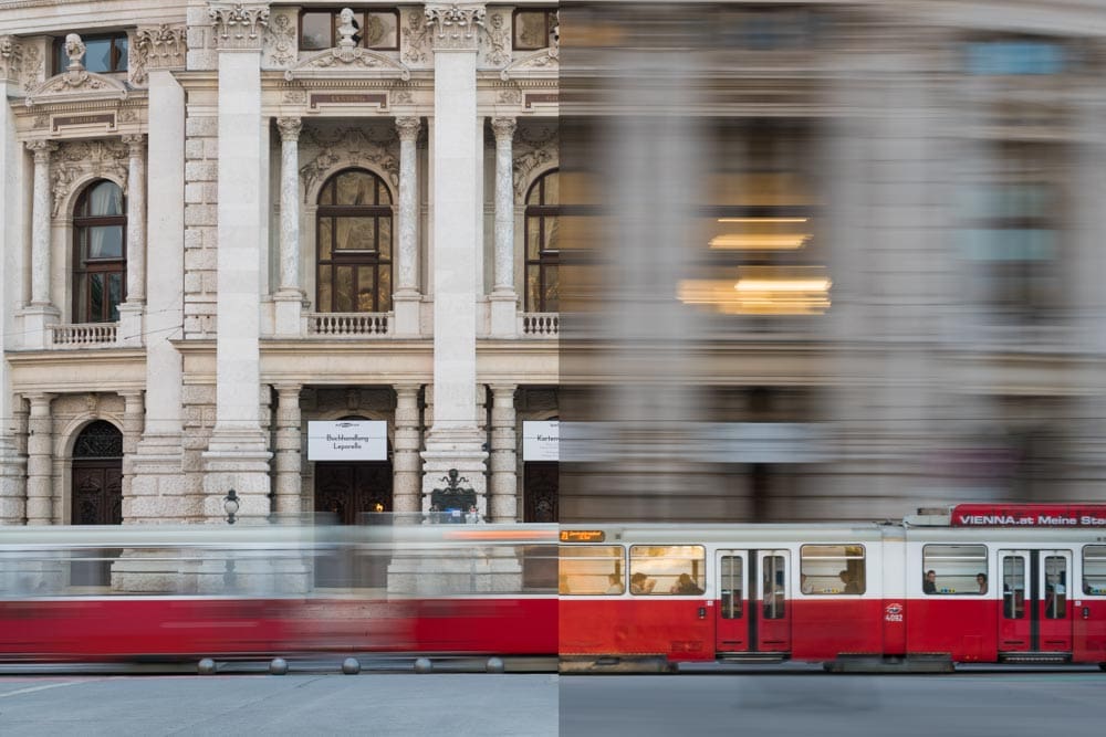 Split image of a Vienna, Austria street: left half shows a stationary shot of a tram and building facade in sharp focus; right half shows the same scene panned, blurring everything into streaks
