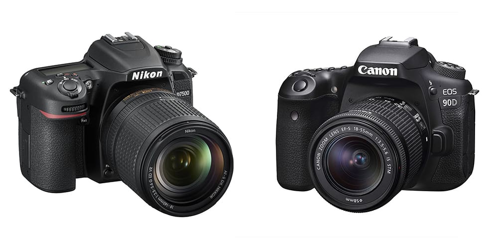 Nikon D7500 and Canon EOS 90D DSLR cameras with kit lenses, side by side.