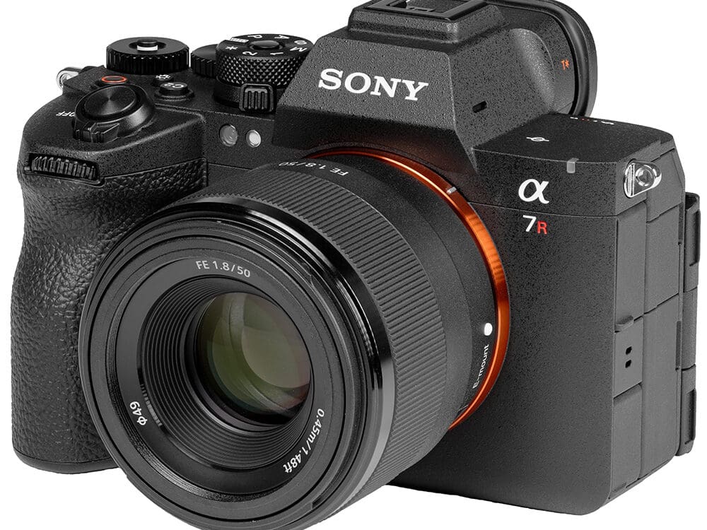 Sony a7R mirrorless camera with a 50mm lens attached, angled front view.