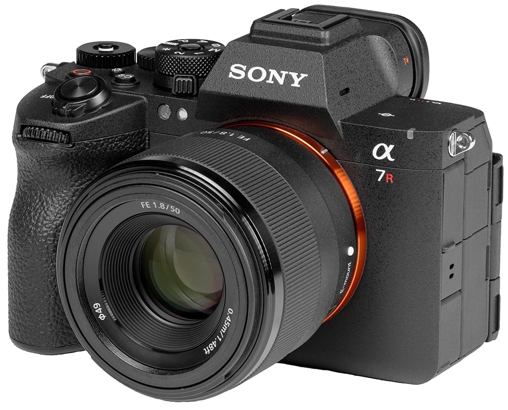 Sony a7R mirrorless camera with a 50mm lens attached, angled front view.