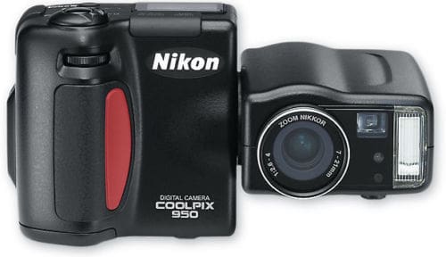 Nikon Coolpix 950 digital camera with a swiveling lens body and built-in flash.