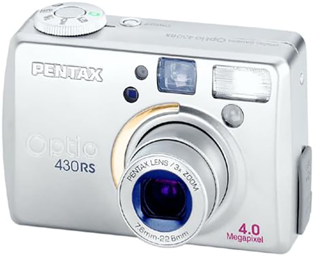 Silver Pentax Optio 430 compact digital camera with a 3x zoom lens.