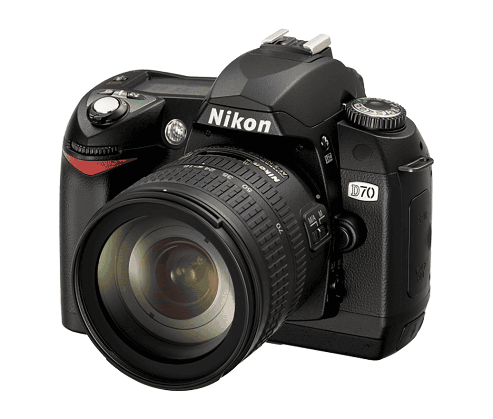 Nikon D70 digital SLR camera with a kit lens attached.