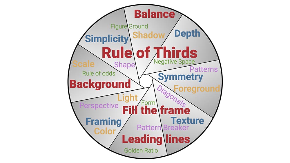 A circular infographic divided into wedges labeled with composition concepts like Rule of Thirds, Balance, Depth, Symmetry, Leading Lines, Framing, and Negative Space.